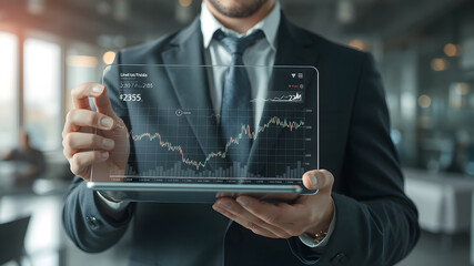 Businessman interacting with a digital stock market graph on a virtual touchscreen