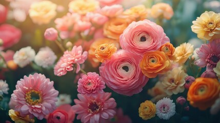 Naklejka premium A close-up shot of a bouquet of bright pink and yellow flowers