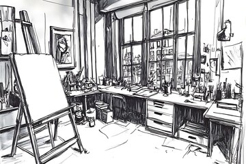 Fototapeta premium Monochrome Sketch of an Artist's Studio with Large Windows Overlooking a Cityscape.