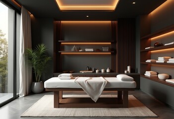 Luxurious Spa Experience: A Modern Treatment Room with Floor-to-Ceiling Windows, Dark Wood Accents, and Soft Lighting for Ultimate Comfort
