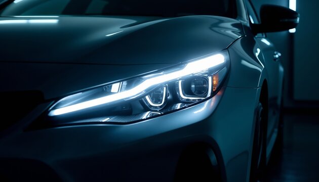 Close-up of modern car headlight with LED light on dark surface.Automotive innovation. Light technology. Modern design.Automotive product photography, car headlight detail, lighting, advertising, broc