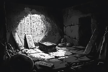 A digitally painted grayscale illustration of an ancient Egyptian tomb interior, featuring hieroglyphs, sarcophagi, and artifacts.