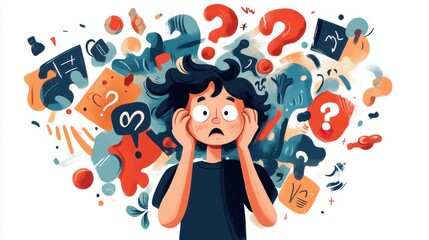 A confused character scratches their head amid a whirlwind of perplexing symbols and question marks, illustrated on a white background.