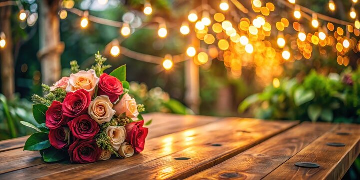 A close-up of a wooden table with a beautiful rose bouquet in the center