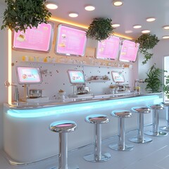 Bright and Modern Dessert Shop Interior with Vibrant Menu Displays