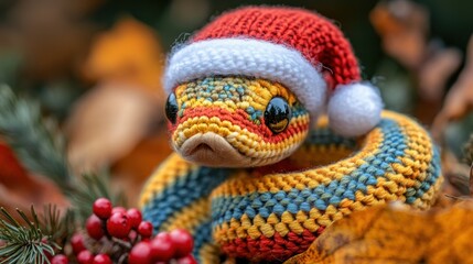 A cute and colorful knitted toy snake wearing a festive Santa hat, perfect for holiday decorations or gifts