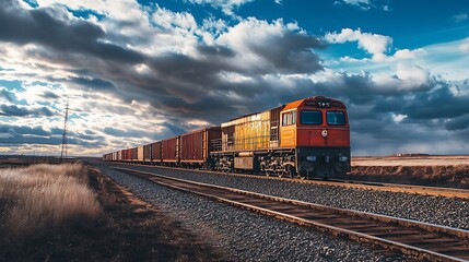 Fototapeta premium Freight Train on a Track Under Dramatic Sky. Concept of Transportation, Logistics, and Cargo.