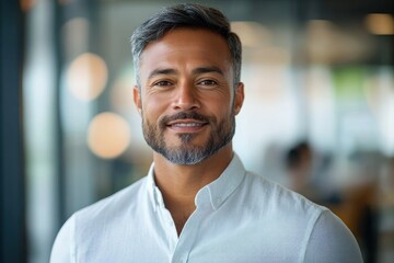 Obraz premium confident businessman portrait in modern office setting professional mature middle aged man wearing white shirt