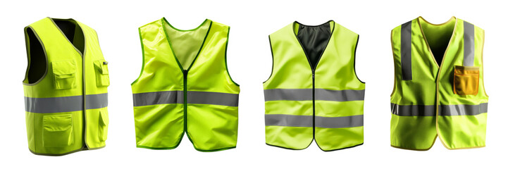 A collection of high-visibility safety vests featuring reflective stripes in vibrant yellow.