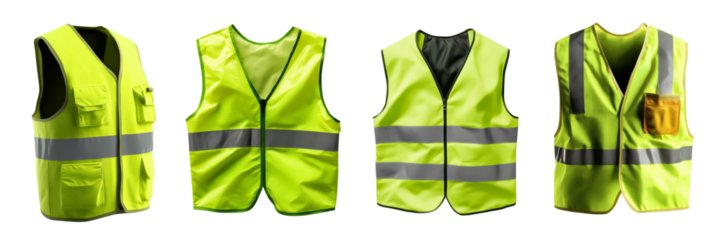 A collection of high-visibility safety vests featuring reflective stripes in vibrant yellow.
