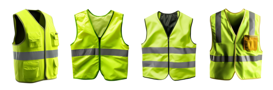 A collection of high-visibility safety vests featuring reflective stripes in vibrant yellow.