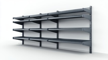 3D image of retail shelving with headers and end caps, isolated on a white background.