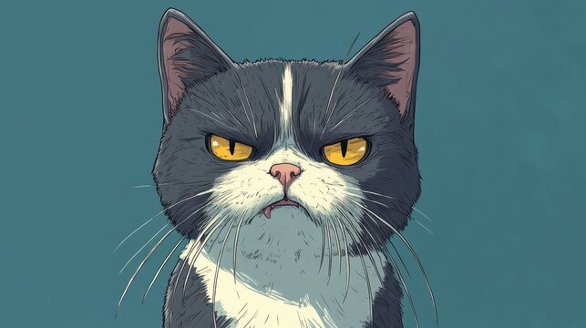 Grumpy black and white cat with yellow eyes, illustration style. Perfect for memes, websites, or projects needing a sassy feline.