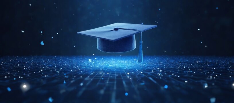 Blue graduation cap with grid pattern floating in starry dark blue background, evoking celebratory mood.