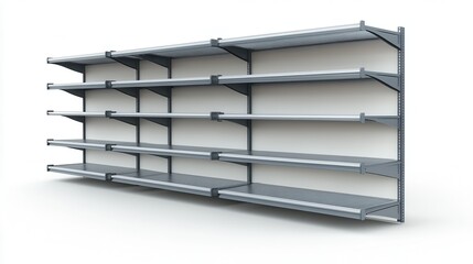 3D image of retail shelving with headers and end caps, isolated on a white background.