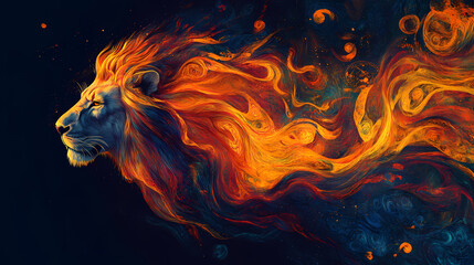 Fiery mane lion, a majestic lion's mane transforms into swirling flames, embodying power and mystique in vibrant hues. Mystique. Illustration