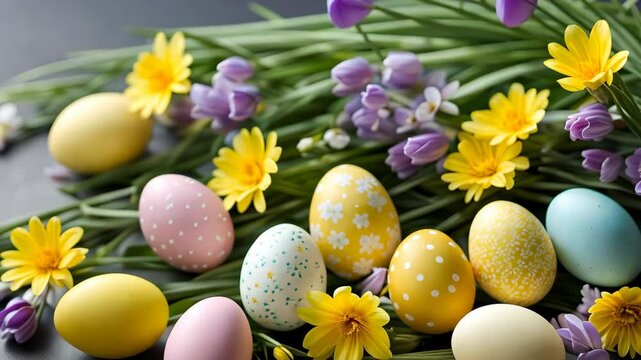 Happy easter day with painted eggs and spring flowers on gray concrete background. Holiday greeting card, flat lay