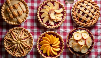 Six pies on a red-and-white checkered tablecloth.Food photography, bakery promotion, dessert display, rustic theme, catering advertisement, festive table setting, family gathering, event menu.