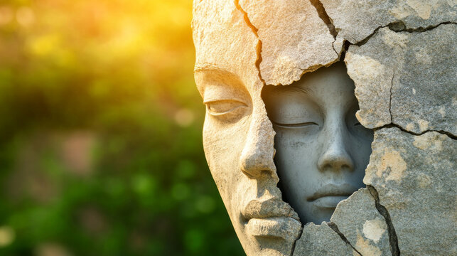 close up of cracked stone statue depicting human face, showcasing intricate details and textures. warm sunlight enhances emotional expression of sculpture