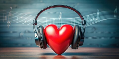 Lonely red heart beats in sync with the rhythm of music, surrounded by headphones and a musical instrument, conveying a sense of solitude and passion, instrument, audio