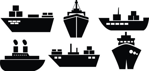Maritime ships black silhouette,Vector icon set of ship at sea, sail boats, yacht transport , sailboat, cruiser and cargo ships, Water ocean transport boat in flat style, Sea marine travel