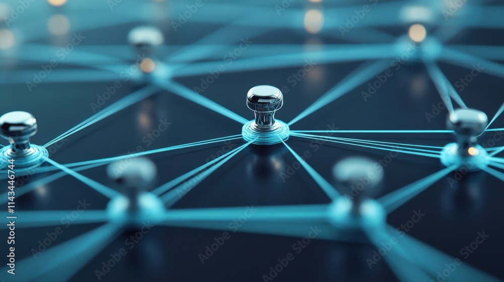 Poster abstract representation of interconnected metal pins on a dark surface symbolizing networking, colla