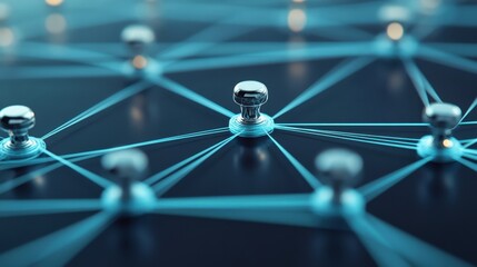 Abstract representation of interconnected metal pins on a dark surface symbolizing networking, collaboration, and digital connectivity in technology and communication themes.