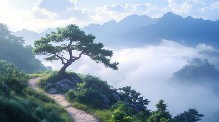 Obraz premium Majestic misty mountain landscape with ancient trees, mist-shrouded peaks, and a winding path, evoking a sense of mystique and adventure in a fantasy world. Mystique. Illustration