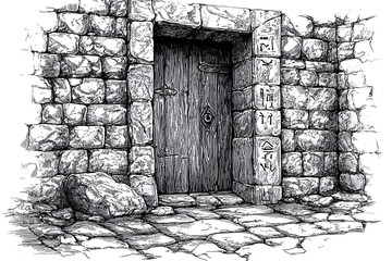 Intricate Ink Drawing of an Ancient Stone Doorway with Hieroglyphs.