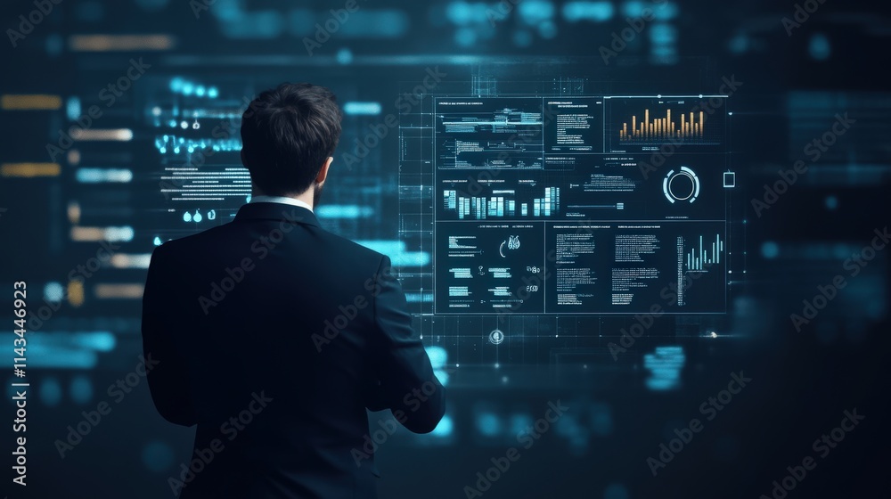 Poster businessman analyzing data on futuristic digital interface with charts, graphs, and statistics in mo