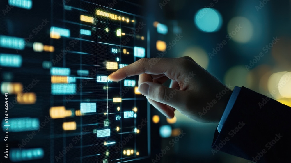 Poster Business Professional Interacting with Virtual Data Visualizations on a Touchscreen Display in a Futuristic Office Setting with Blurred Background