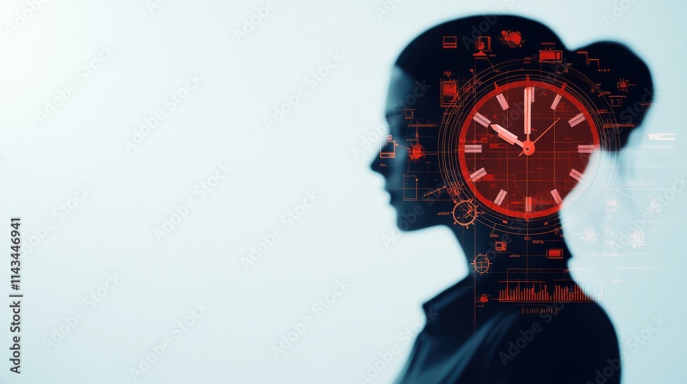 Aufkleber profile silhouette of a woman with an overlay of technological elements and clock graphics, symboliz