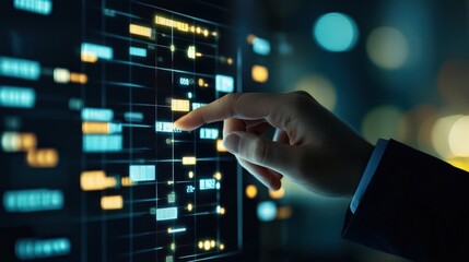 Fototapeta premium Business Professional Interacting with Virtual Data Visualizations on a Touchscreen Display in a Futuristic Office Setting with Blurred Background