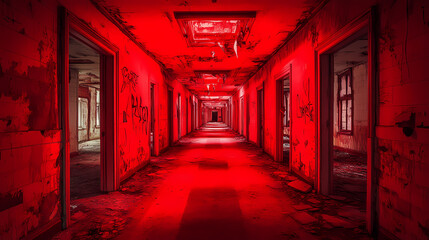 Moody red-lit corridors of abandoned buildings exude mystique. Mystique. Illustration