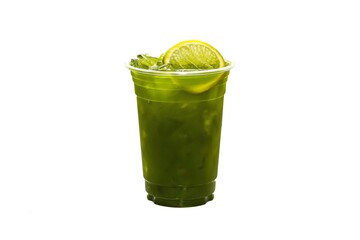 Pictures of Ice green tea mix lemon juice serving on white background and isolate photo with lemon juice slice for topping.