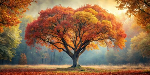 A heart-shaped tree with gnarled branches and vibrant autumn leaves stands tall in a serene forest landscape, autumn forest, forest scenery
