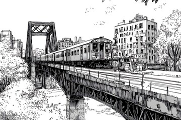 Fototapeta premium Black and White Ink Drawing of a Train Crossing a Bridge in an Urban Setting.