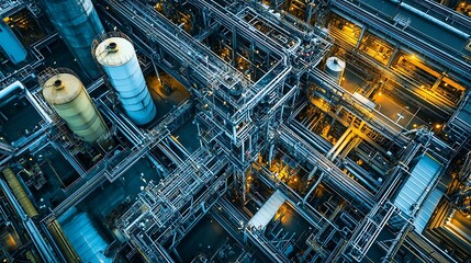 Obraz premium Industrial Refinery Complex, Aerial View. Concept of Manufacturing, Industry, and Technology.