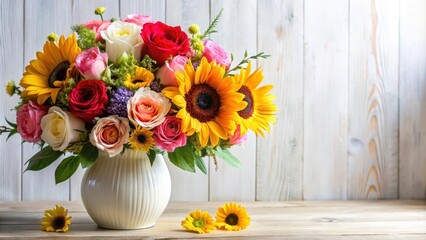 Fototapeta premium Colorful floral arrangement with fresh roses, daisies, and sunflowers in a beautiful vase against a soft white background