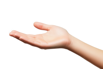 a close-up of a woman's open hand with palm facing up. isolated on a transparent background the hand is extended with fingers slightly spread. suggesting an offering or a gesture of giving