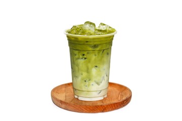 Ice milk green tea serving on wooden plates on white background and isolate photo style.