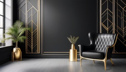 Empty Black Wall Mockup in Art Deco Interior with Armchair with Gold Metal Accents. Natural Daylight From a Window. Promotion Background.