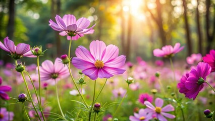 Fototapeta premium Vibrant purple cosmos flowers sway gently in a sea of white, surrounded by lush green foliage and warm sunlight filtering through the trees, purple flowers, cosmos flower field