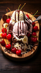Glistening Banana Split Dessert in Cozy Rustic Setting: A Delightful Gastronomical Indulgence