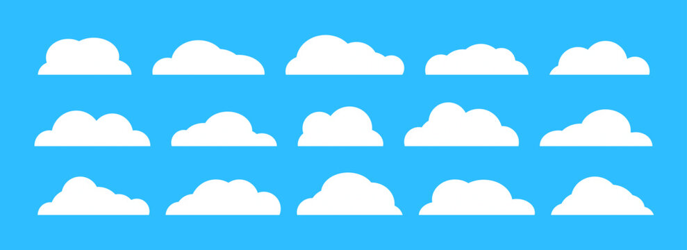 Empty cartoon cloud collection on blue background. Comic cloud shapes set for icon, poster, banner, label, badge, tag, logo, decoration. White blank speech bubble pack. Textbox claud bundle. Vector