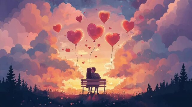 Valentine's Day cartoon animation featuring a romantic couple sitting on a bench, sharing a kiss. The scene is set in a charming and dreamy atmosphere, perfect for celebrating love