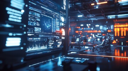 Fototapeta premium A futuristic workspace featuring a diverse group of professionals collaborating on machine learning algorithms, immersed in data visualizations on screens, with a bright