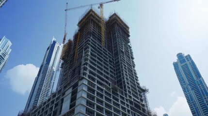 Construction of a high-rise building in an urban area.
