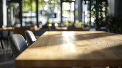 A minimalist wooden dining table situated in a modern kitchen, surrounded by stylish chairs, with a backdrop of large windows letting in natural light.
