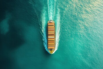 Aerial view of a cargo ship sailing on turquoise water, leaving a white wake. Illustrates global trade, shipping, and maritime transport.